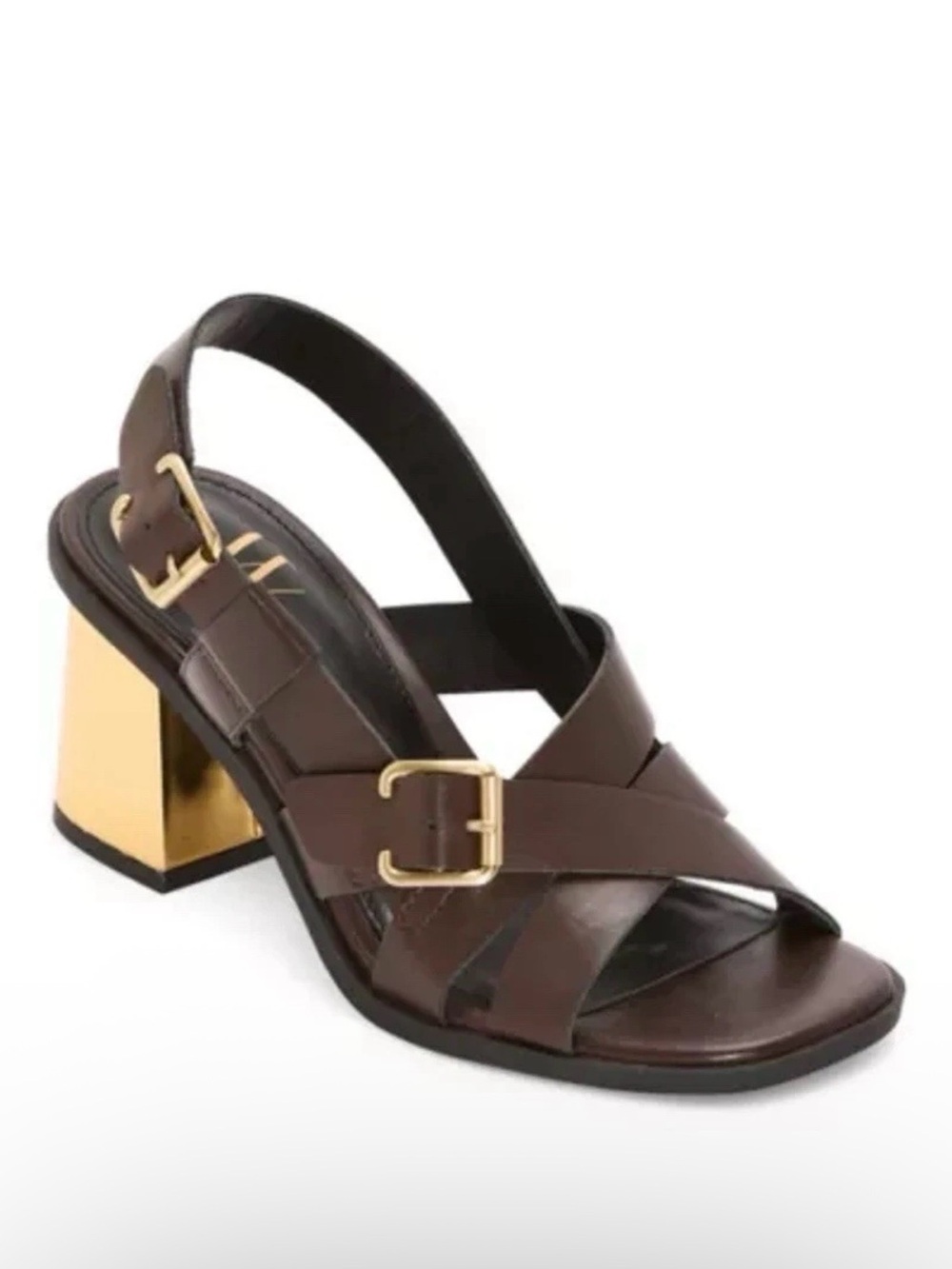 Brown Leather Block Heel Sandals with Gold Accent- Size 7.5